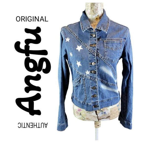Angfu Blue Embroidered Star Denim Jean Jacket - Picture 1 of 12